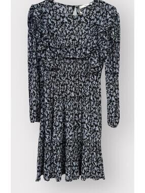 MNG (Mango) Floral Dress Ruched Waist Size 2 Long Sleeve Blue Black